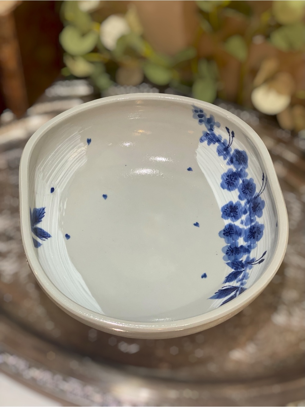 Vintage Japanese Signed Glazed Pottery Stoneware Bowl Blue White Large 10”